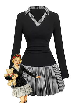 1960s V-Neck Striped Pleated Fake Two-Piece Dress - vintage dress, retro fashion