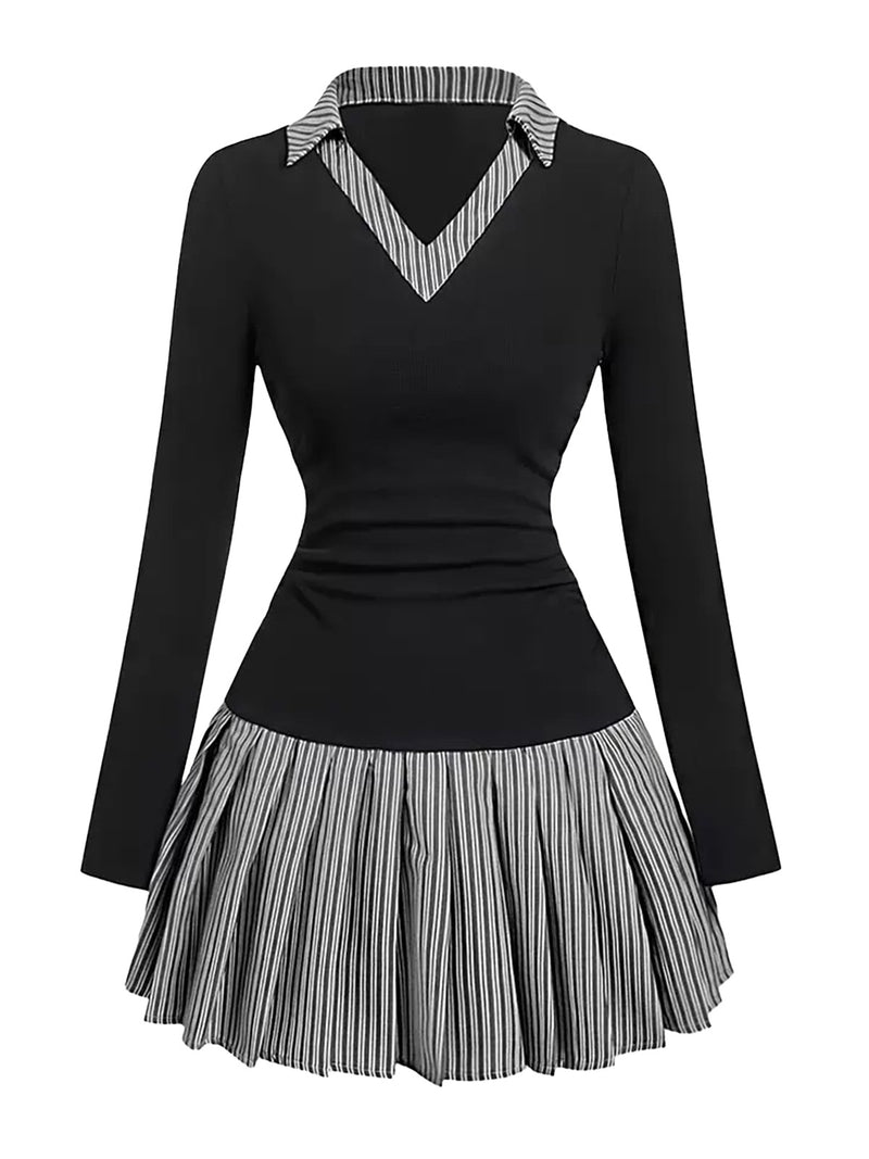 Women‘s V-Neck Striped Patchwork Long Sleeve Pleated Mini Dress Black Women‘s V-Neck Striped Patchwork Long Sleeve Pleated Mini Dress Black