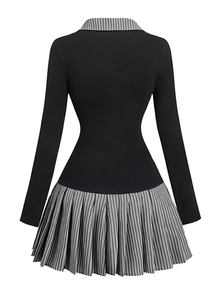 1960s V-Neck Striped Pleated Fake Two-Piece Dress - vintage dress, retro fashion