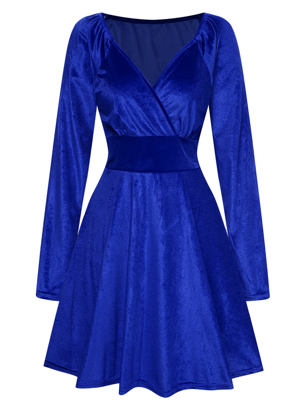 1960s long sleeve dresses Women's V-Neck Velvet Long Sleeve A-Line Dress