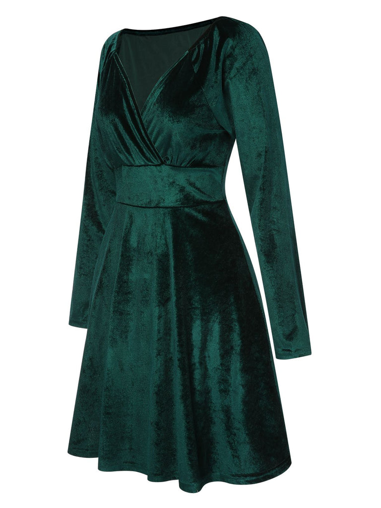 Women's V-Neck Velvet Long Sleeve A-Line Dress Women's V-Neck Velvet Long Sleeve A-Line Dress