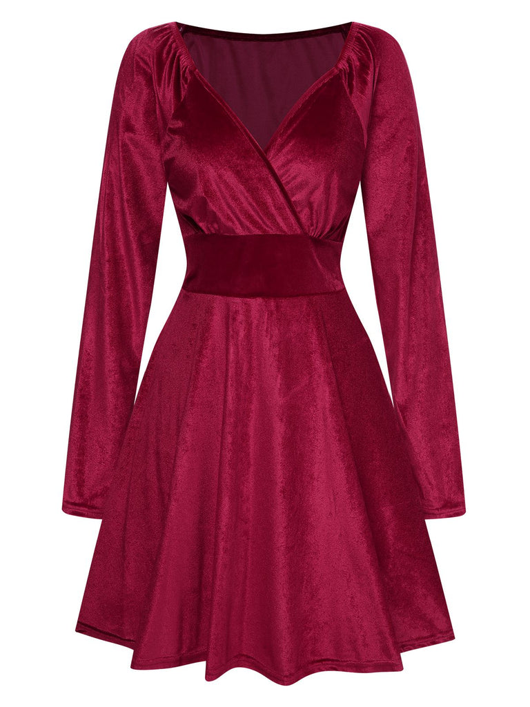 Women's V-Neck Velvet Long Sleeve A-Line Dress Women's V-Neck Velvet Long Sleeve A-Line Dress
