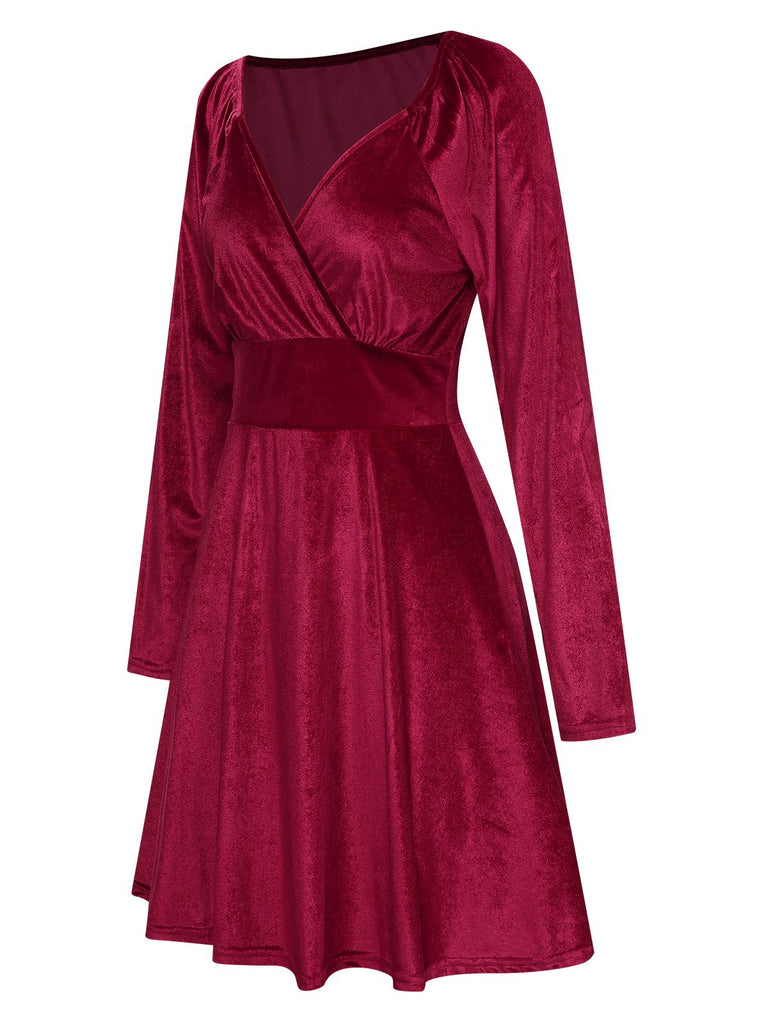 1960s V-Neck Velvet Long Sleeve A-Line Dress: where 1960s romance meets her modern spirit