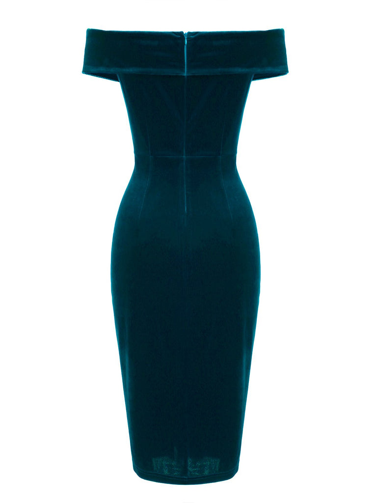 Vintage Off Shoulder Velvet Bodycon Dress Green Vintage Off Shoulder Velvet Bodycon Dress Green