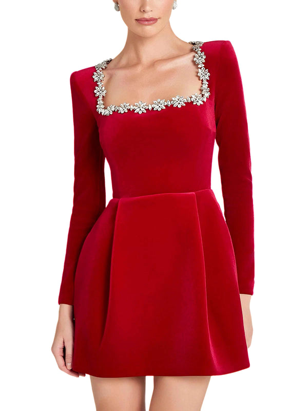 square neck velvet dress Midi Cocktail XJ413 Partially lined Navy Blue Velvet Dress -