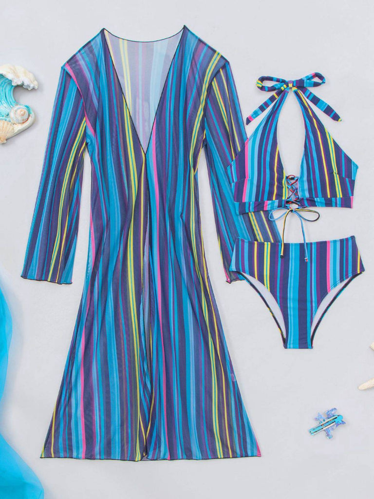 1960s Vertical Stripe Lace-Up Bikini Set & Cover-Up, vintage swimsuit, pin-up swimwear - perfect for women who love vintage and retro fashion