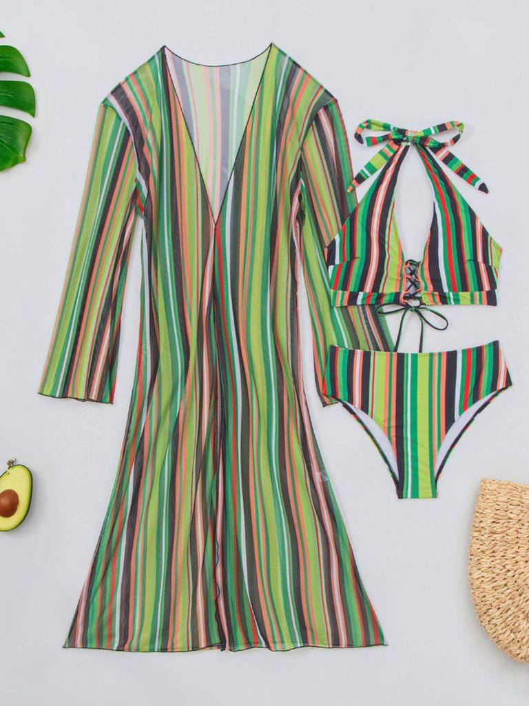 1960s Vertical Stripe Lace-Up Bikini Set & Cover-Up, vintage swimsuit, pin-up swimwear - perfect for women who love vintage and retro fashion