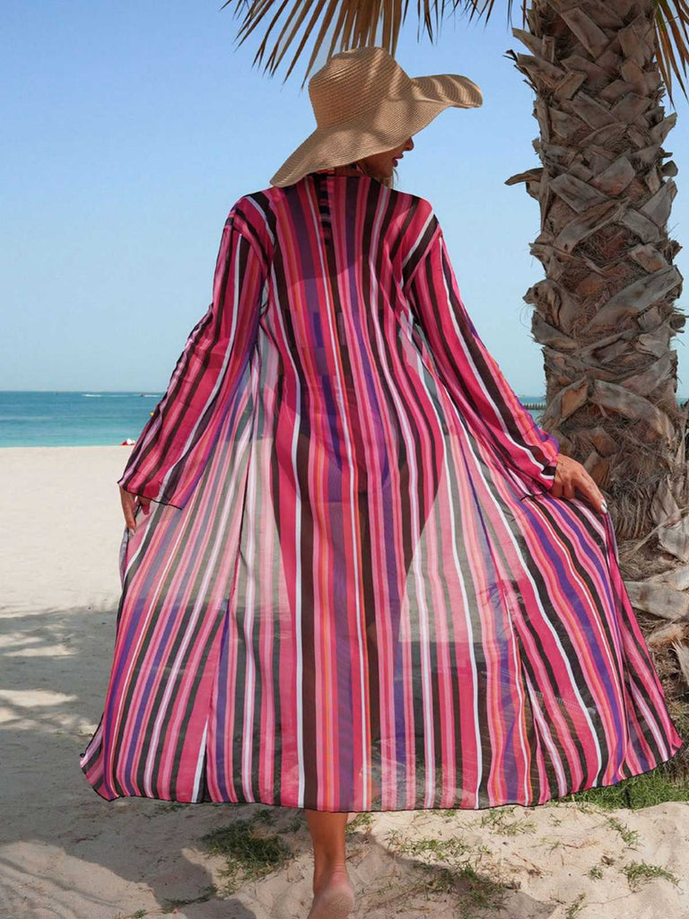 1960s Vertical Stripe Lace-Up Bikini Set & Cover-Up