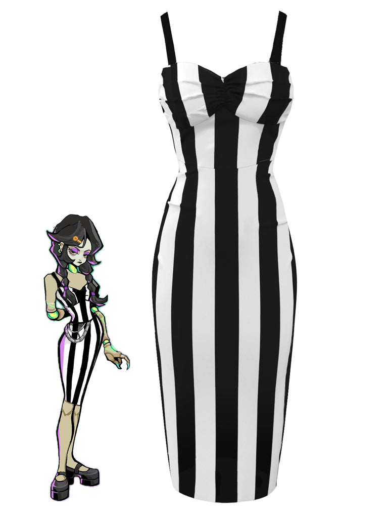 Retro Stage Vertical Black & White Striped Straps Pencil Bodycon Dress Pin up Style Retro Stage Vertical Black & White Striped Straps Pencil Bodycon Dress Pin up Style