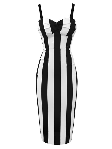 Gothic Black & White Vertical Striped Straps Bodycon Dress