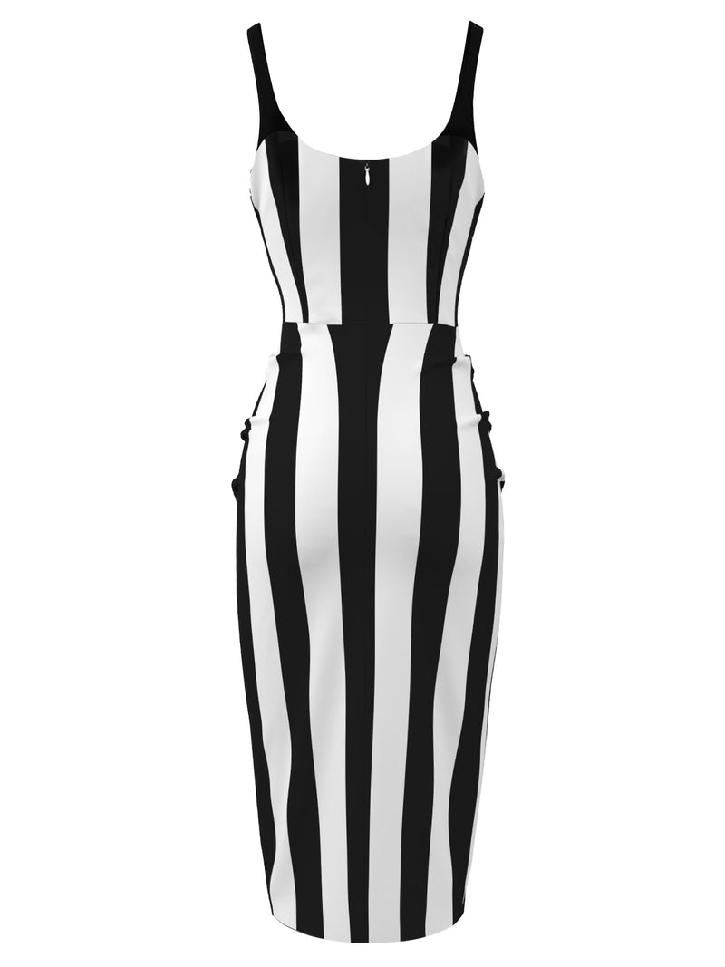 Gothic Black & White Vertical Striped Straps Bodycon Dress