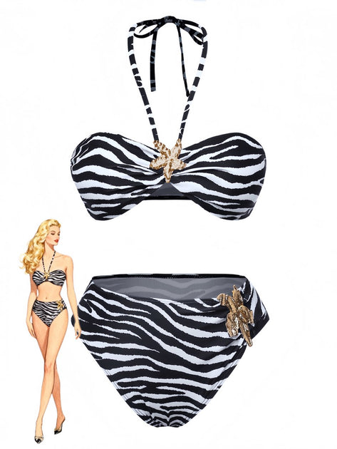 1960s Zebra Print Sea Star Accents Bandeau Bikini Set | Retro Stage