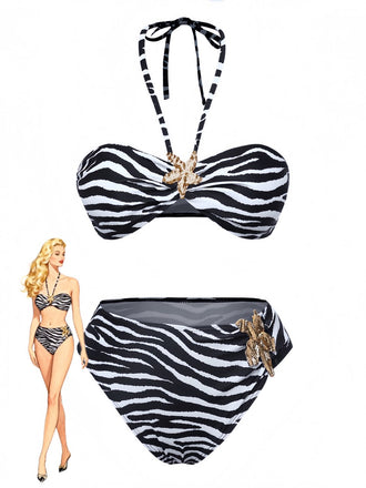 1960s Zebra Print Sea Star Accents Bandeau Bikini Set - vintage fashion, retro style