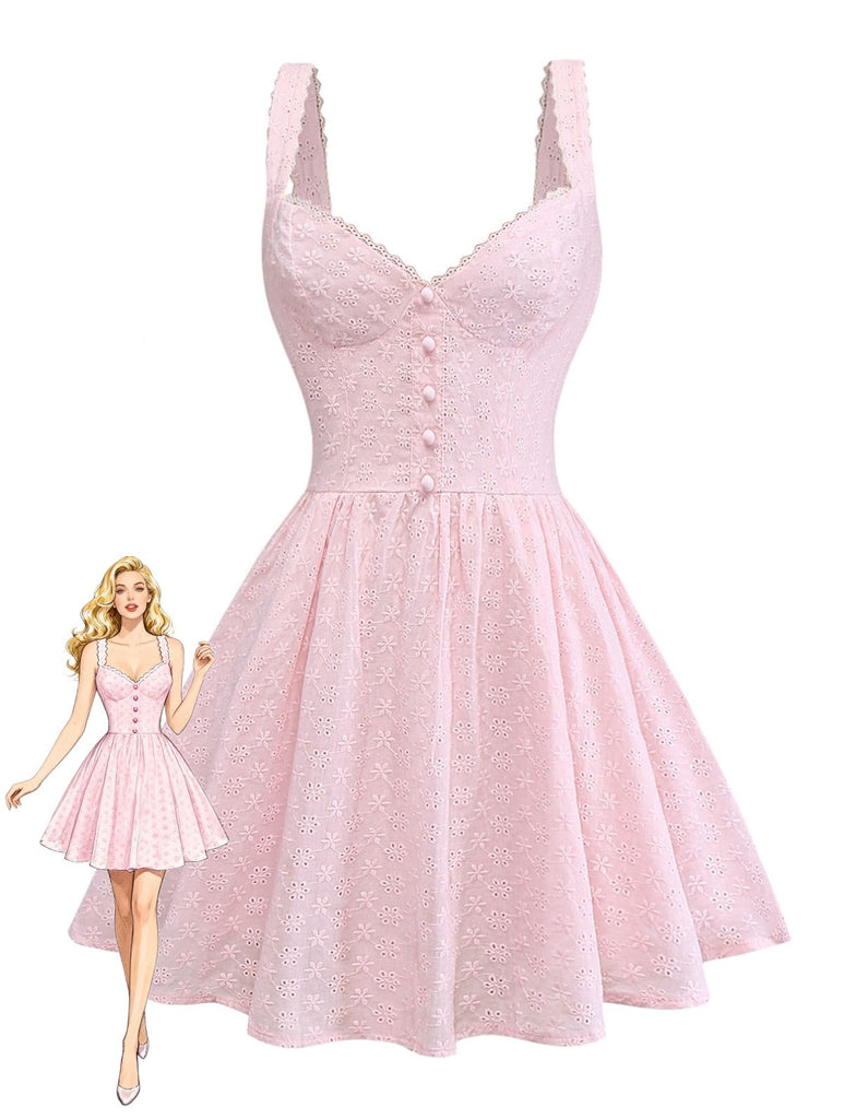 Pink lace dress with buttons on a white background