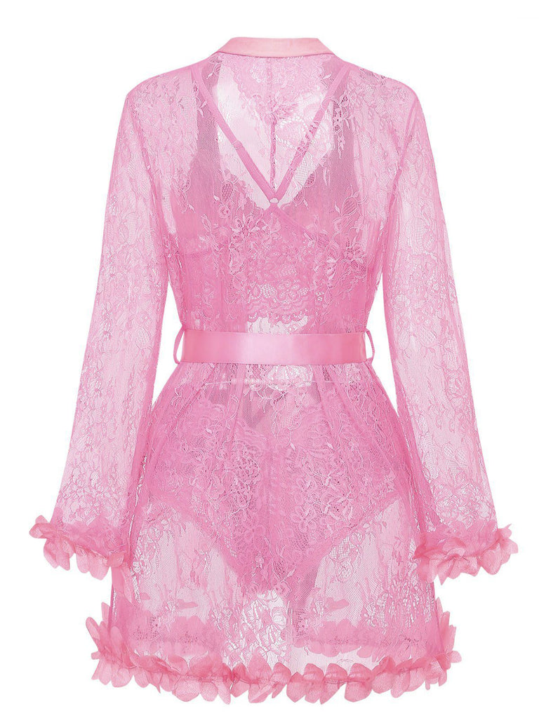 1970S Lace Sheer Petal Ruffle Trim Lingerie Set - vintage fashion, retro style