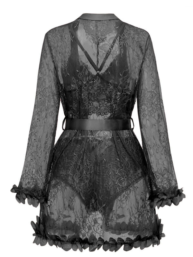 1970S Lace Sheer Petal Ruffle Trim Lingerie Set - vintage fashion, retro style