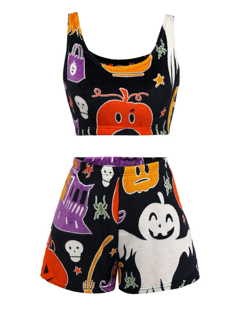 2PCS Black 1970s Glowing Halloween Ghost Flannel Pajama Set - vintage fashion, retro style, classic black
