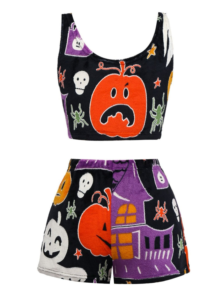 2PCS Black 1970s Glowing Halloween Ghost Flannel Pajama Set - vintage fashion, retro style, classic black