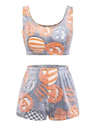 2PCS Grey 1970s Glowing Halloween Pumpkin Flannel Pajama Set - vintage fashion, retro style