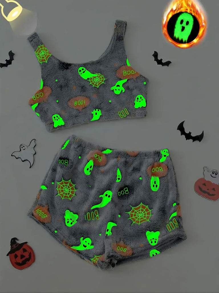 2PCS Grey 1970s Halloween Glowing Print Flannel Pajama Set - vintage fashion, retro style