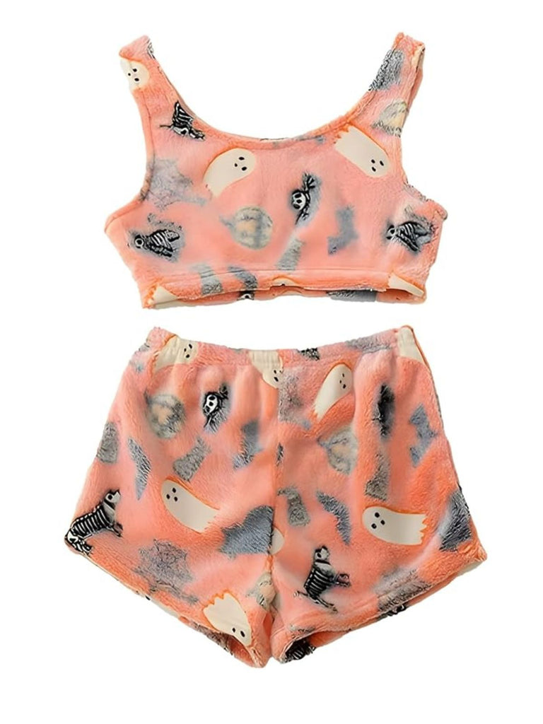 2PCS Orange 1970s Glowing Halloween Ghost Flannel Pajama Set - vintage fashion, retro style