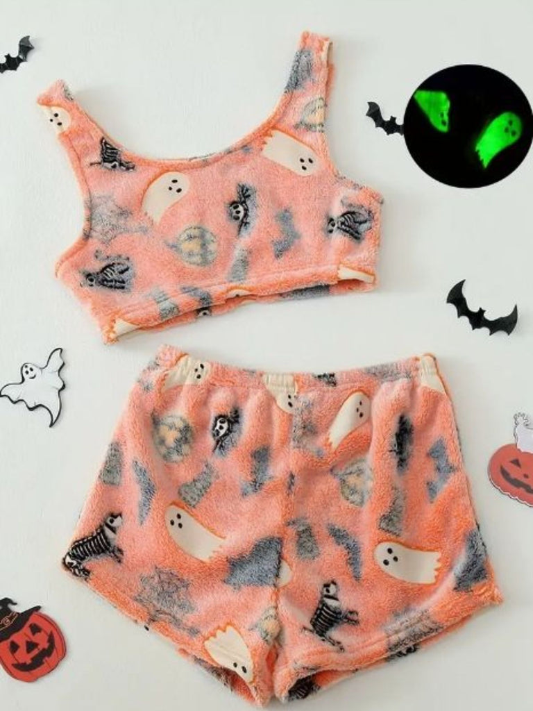 2PCS Orange 1970s Glowing Halloween Ghost Flannel Pajama Set - vintage fashion, retro style