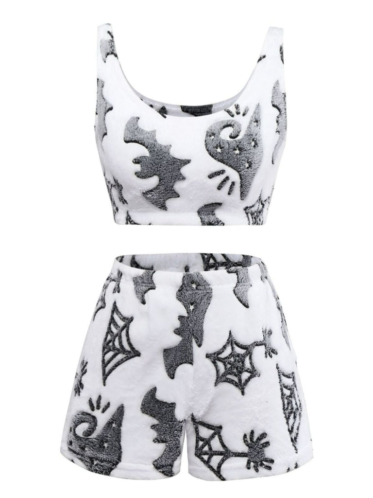 2PCS White 1970s Glowing Halloween Spider Flannel Pajama Set - vintage fashion, retro style, pure white