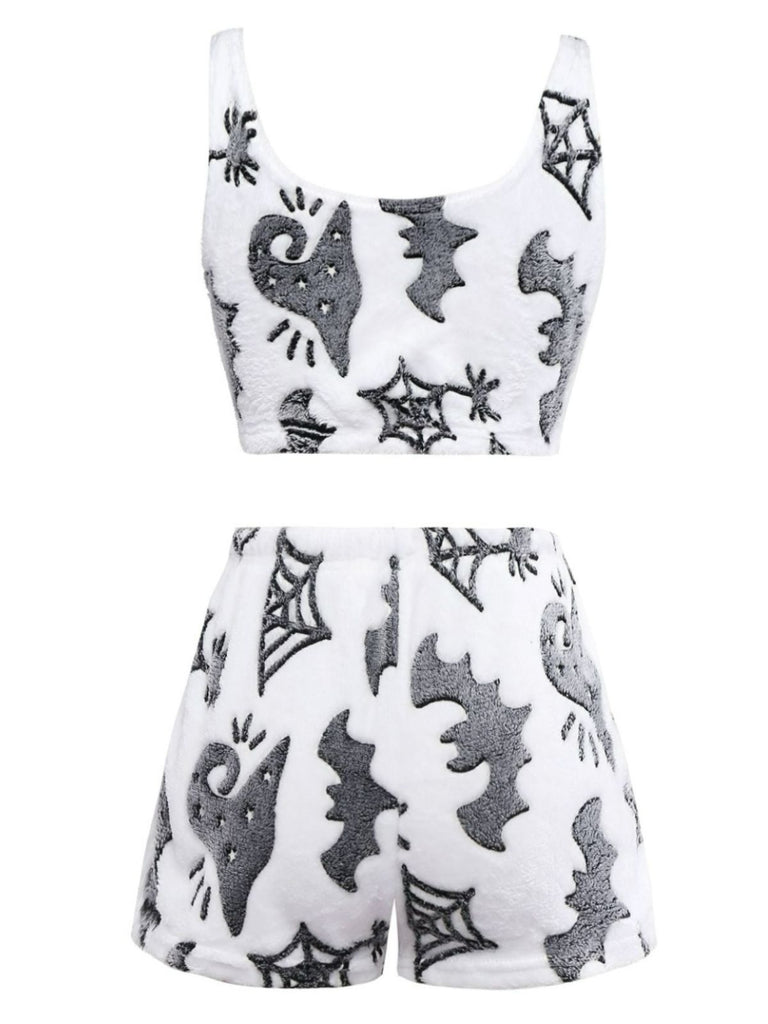 2PCS White 1970s Glowing Halloween Spider Flannel Pajama Set - vintage fashion, retro style, pure white