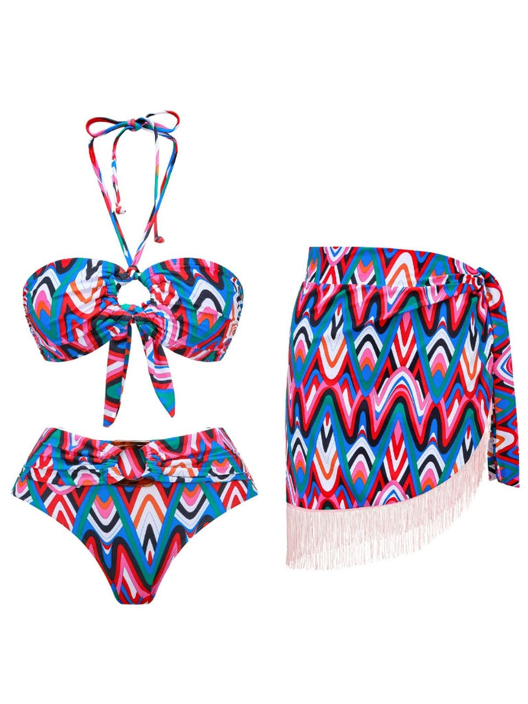 3PCS 1970s Fringe Print Lace-up Halter Bikini Set & Cover Up - vintage fashion, retro style