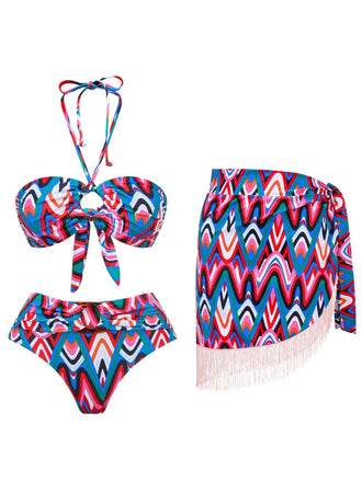3PCS 1970s Fringe Print Lace-up Halter Bikini Set & Cover Up - vintage fashion, retro style