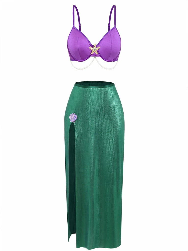 3PCS Purple 1970s Sea Pearl Satin Mermaid Sleepwear Set - vintage nightgown, retro sleepwear