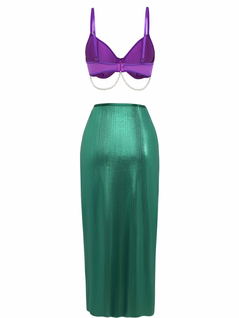 3PCS Purple 1970s Sea Pearl Satin Mermaid Sleepwear Set - vintage nightgown, retro sleepwear