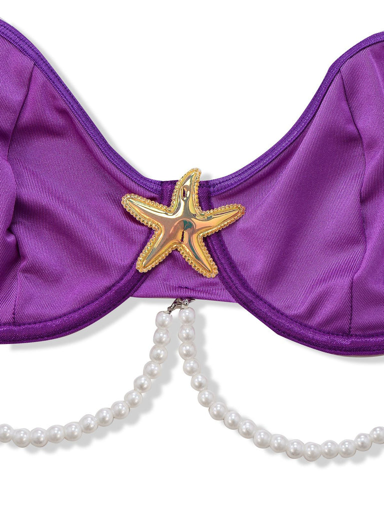 3PCS Purple 1970s Sea Pearl Satin Mermaid Sleepwear Set - vintage nightgown, retro sleepwear