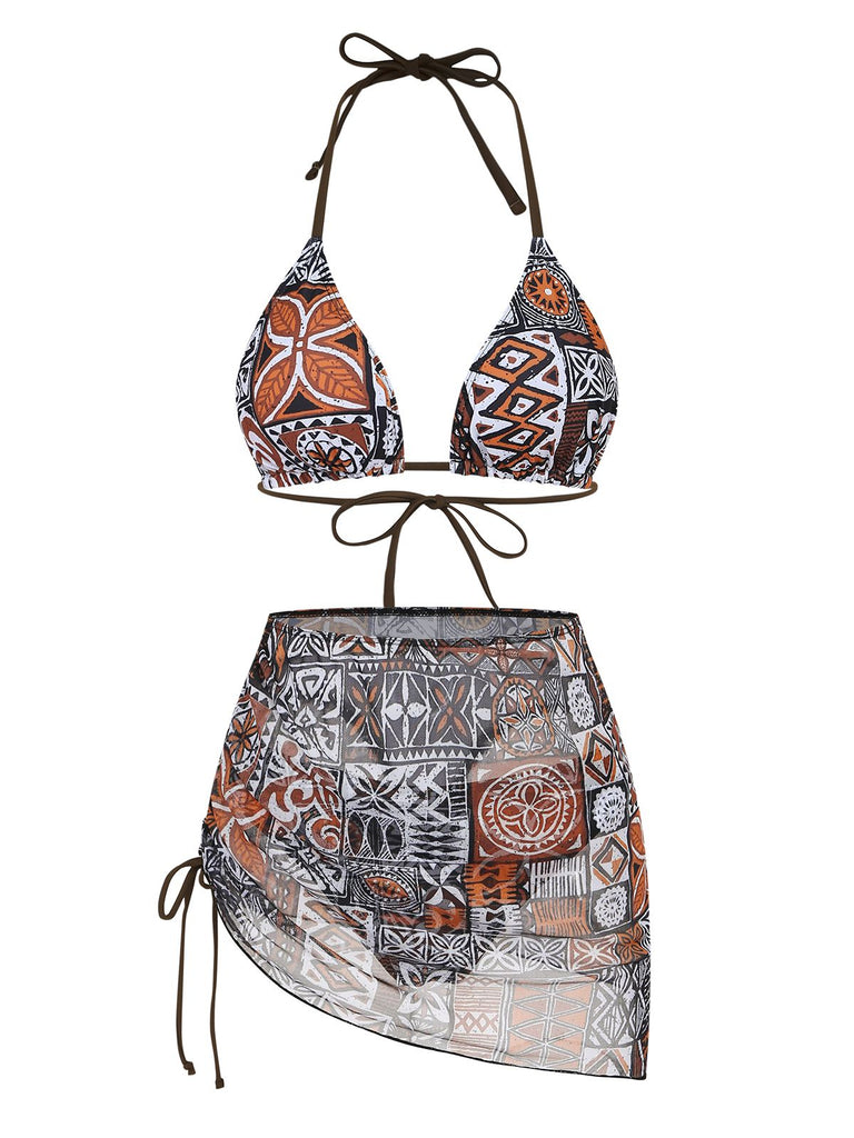 3PCS 1970s Tribal Print Triangle-Strap Bikini Set & Cover-Up - vintage fashion, retro style