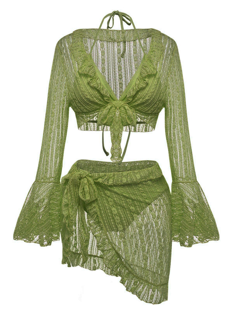 4PCS 1970s Halter Bikini Set & Sheer Bell Sleeve Cover-Up - vintage fashion, retro style