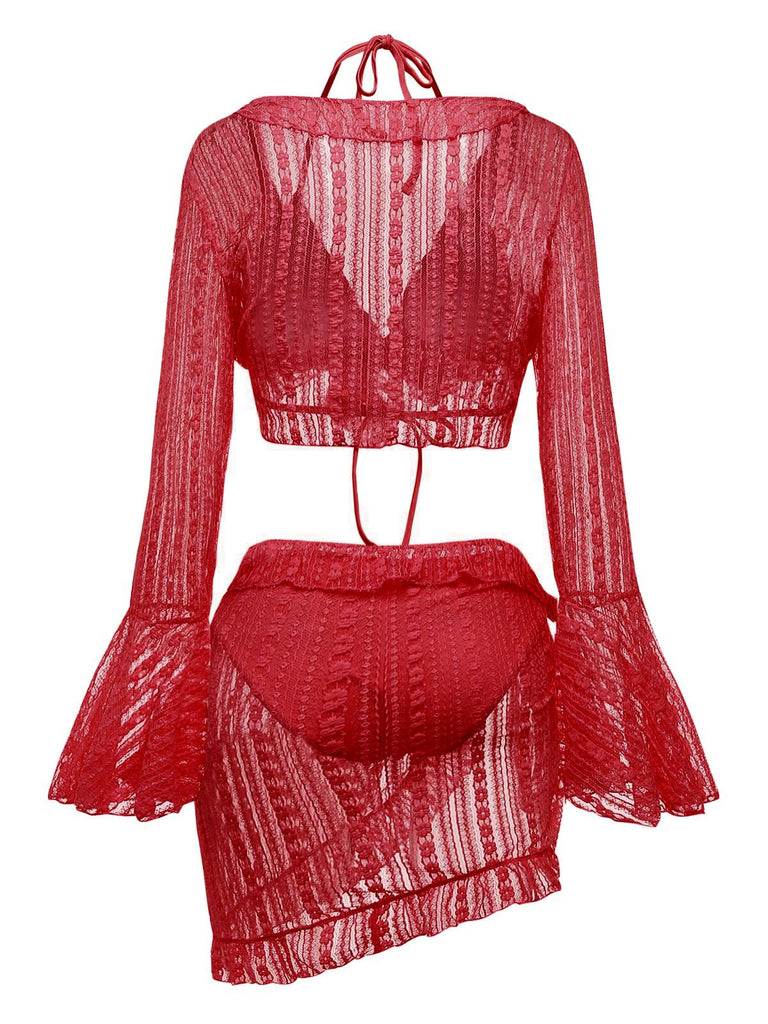 4PCS 1970s Halter Bikini Set & Sheer Bell Sleeve Cover-Up - vintage fashion, retro style