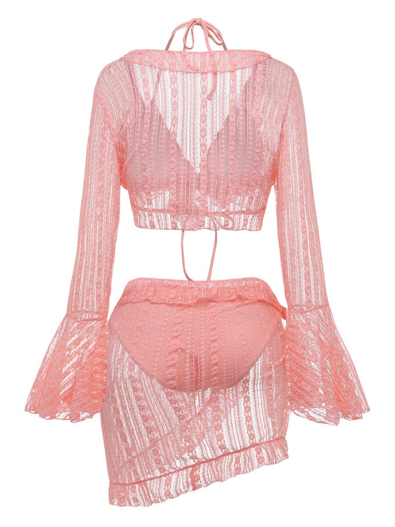 4PCS 1970s Halter Bikini Set & Sheer Bell Sleeve Cover-Up - vintage fashion, retro style