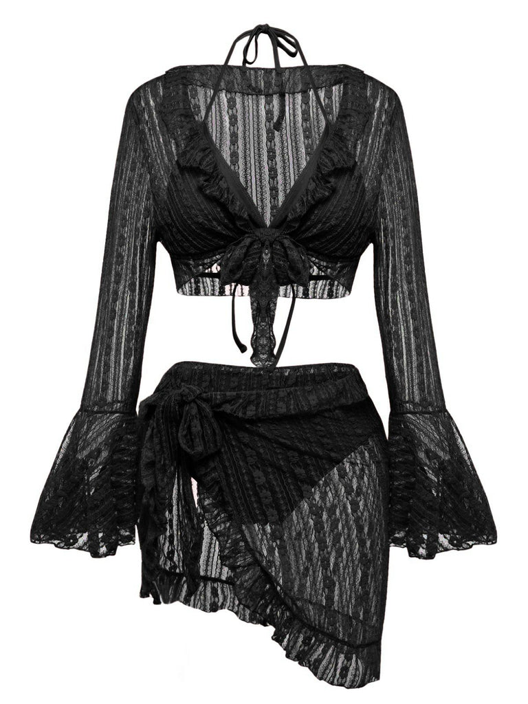 4PCS 1970s Halter Bikini Set & Sheer Bell Sleeve Cover-Up - vintage fashion, retro style