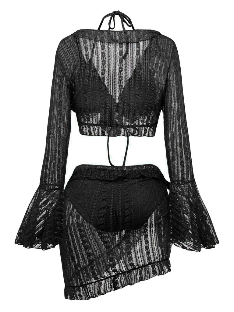 4PCS 1970s Halter Bikini Set & Sheer Bell Sleeve Cover-Up - vintage fashion, retro style