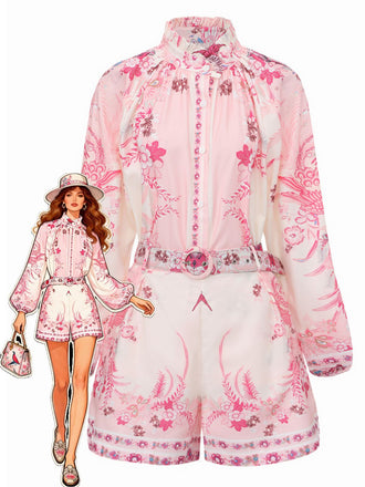 2PCS Pink 1970s Bohemian Floral Blouse & High-Waisted Shorts - vintage fashion, retro style