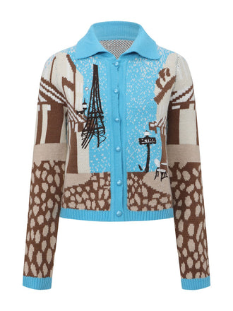 Blue 1970s Landscape Print Lapel Knit Cardigan Sweater - vintage fashion, retro style