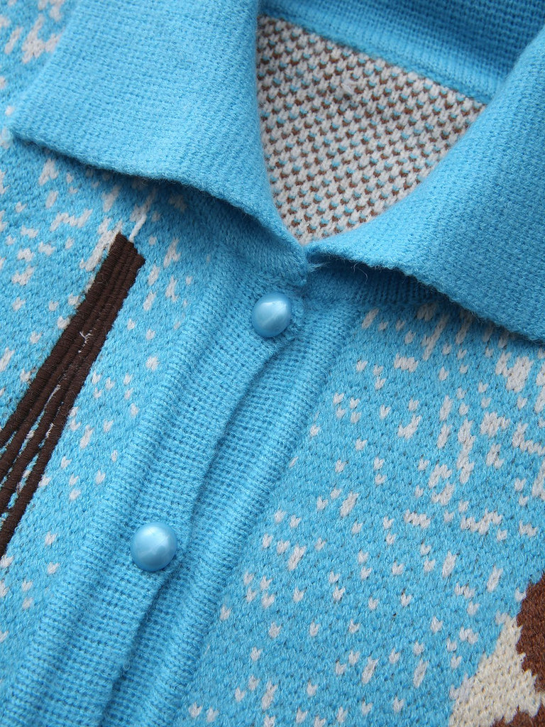 Blue 1970s Landscape Print Lapel Knit Cardigan Sweater - vintage fashion, retro style