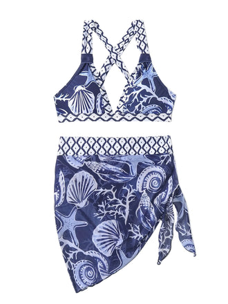 Blue 1970s Nautical Print Crisscross Straps Bikini Set & Cover-Up - vintage fashion, retro style
