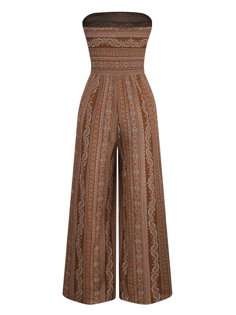 1970s Bohemian Strapless Slit Smocked Jumpsuit - vintage jumpsuit, retro fashion