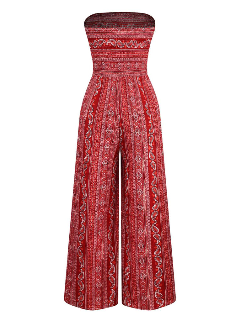 1970s Bohemian Strapless Slit Smocked Jumpsuit - vintage jumpsuit, retro fashion