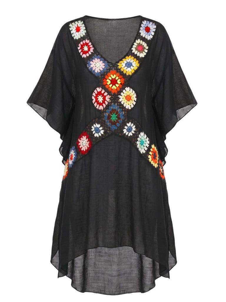 Navy Blue 1970s Boho Crochet Granny Square Cover-up, vintage fashion, retro style - perfect for women who love vintage and retro fashion