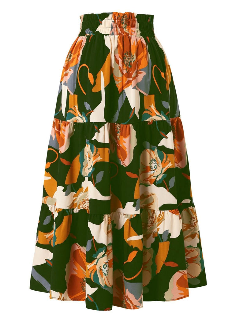 1970s Boho Floral Bow Tiered Skirt - vintage skirt, retro style, elegant red