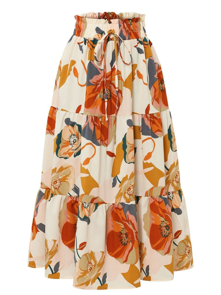 1970s Boho Floral Bow Tiered Skirt - vintage skirt, retro style, elegant red