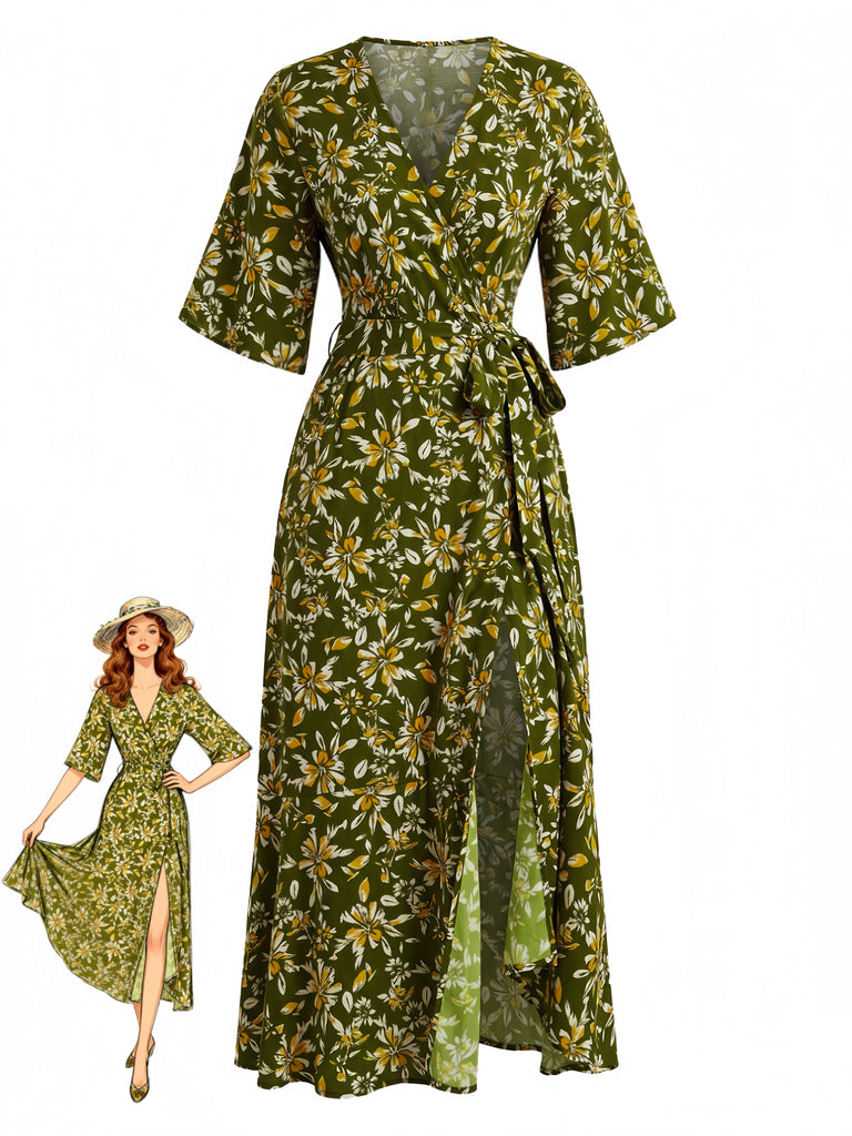 1970s Floral V Neck Vintage Dress 2