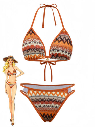 1970s Boho Geometric Knit Halter Bikini Set - vintage fashion, retro style